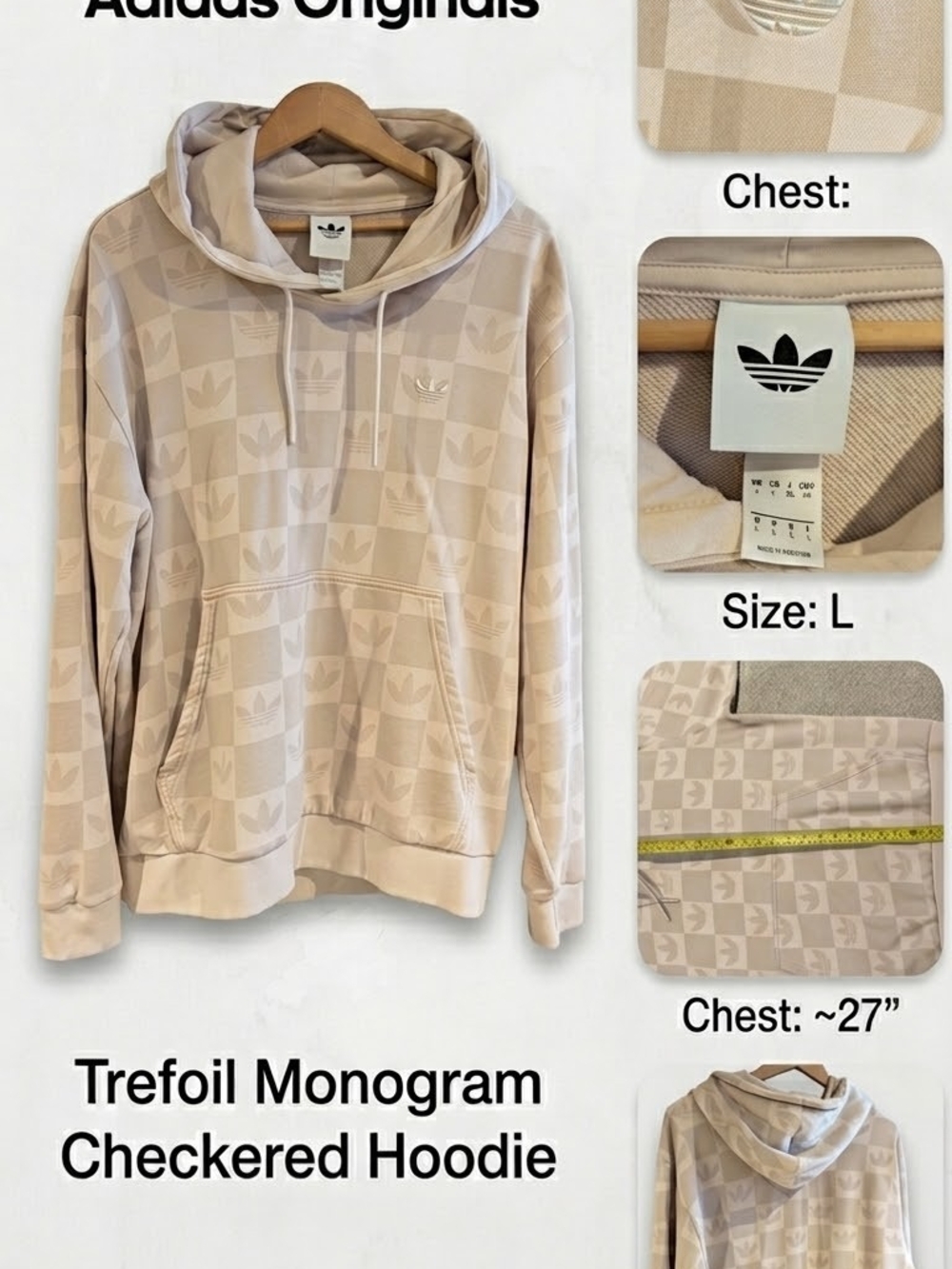 Adidas Originals Trefoil Monogram Checkered Hoodie Size L Cream / Off-White